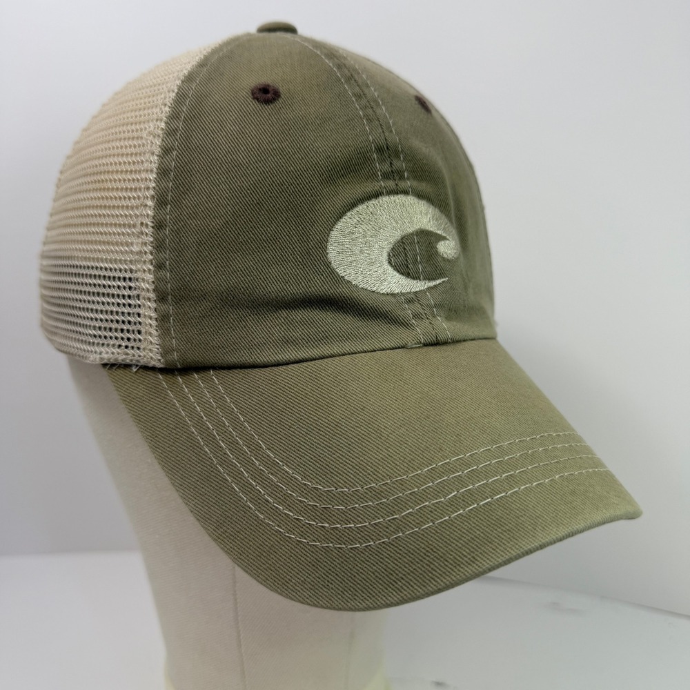 Costa Del Mar Trucker Hat Mens Olive Green Tan Mesh Back Adjustable Fishing Cap
